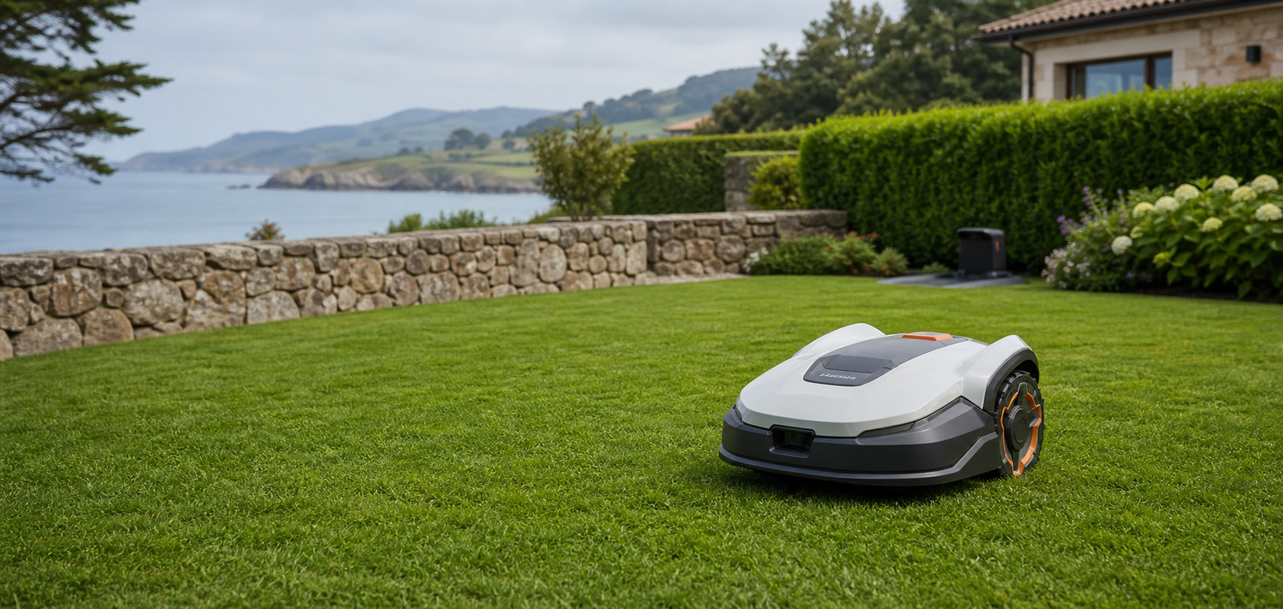 Robot cortacésped en jardín de Asturias oriental con césped y muro de piedra