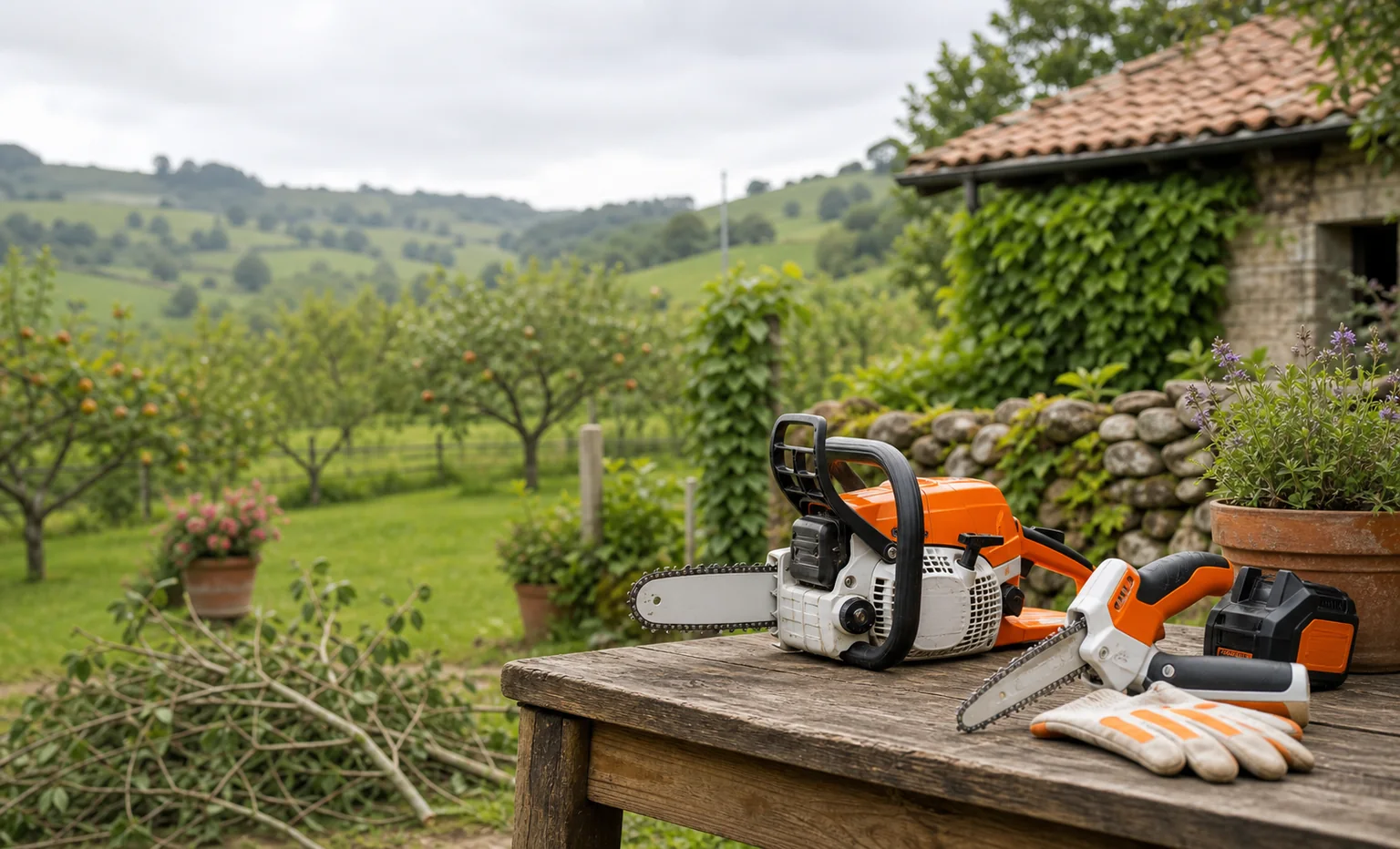 Motosierra de poda STIHL y mini sierra para ramas en jardin