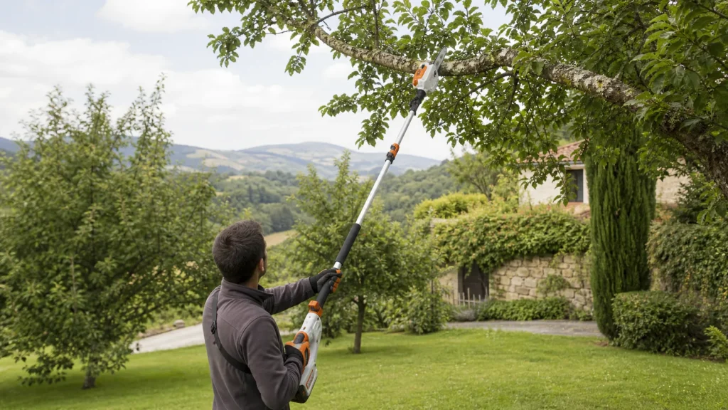 Podadora de altura STIHL cortando ramas altas desde el suelo