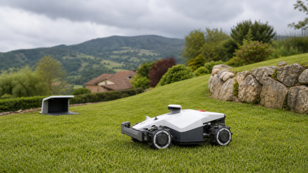 Robot cortacésped MAMMOTION LUBA trabajando en jardín con pendiente
