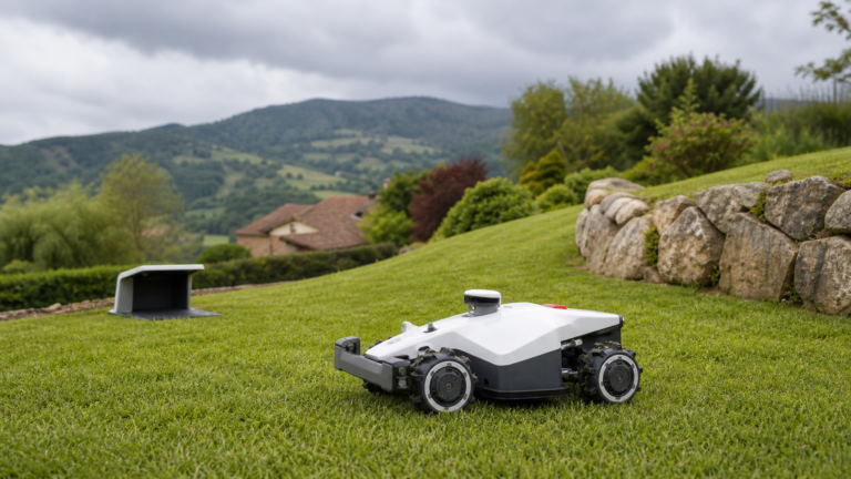 Robot cortacésped MAMMOTION LUBA trabajando en jardín con pendiente