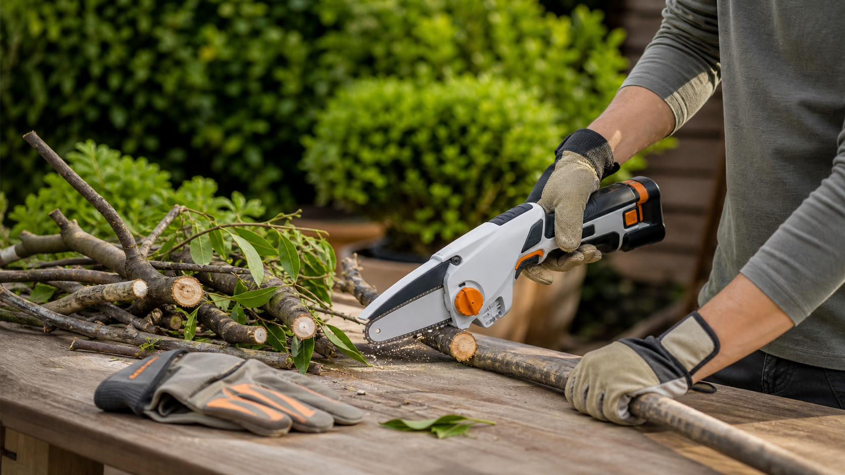 Mini motosierra de bateria para poda ligera en jardin