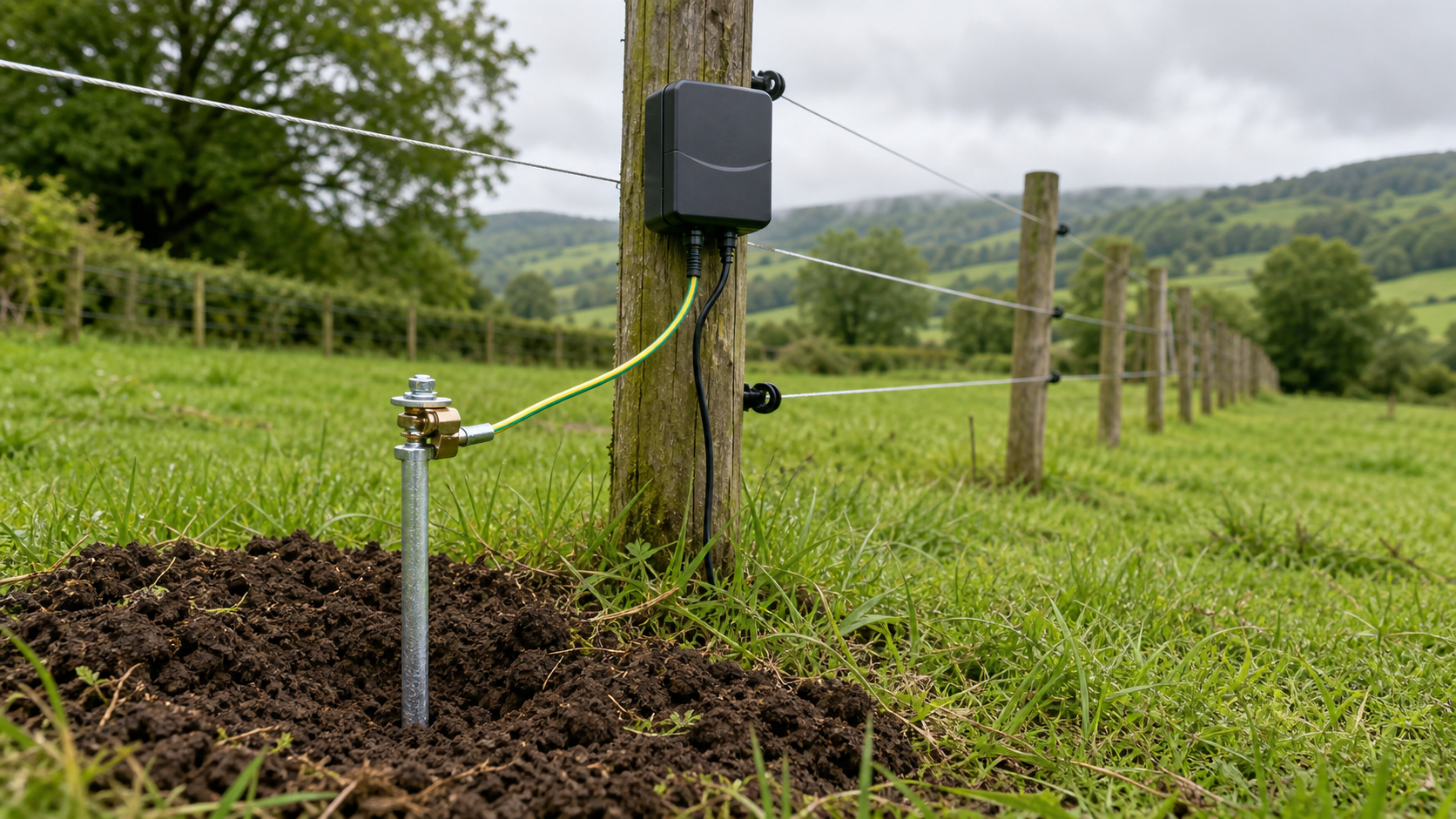 Toma de tierra de pastor electrico con pica y cable en una finca