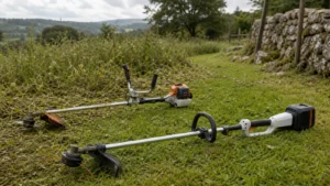 Desbrozadora de batería y desbrozadora de gasolina trabajando en una finca del norte