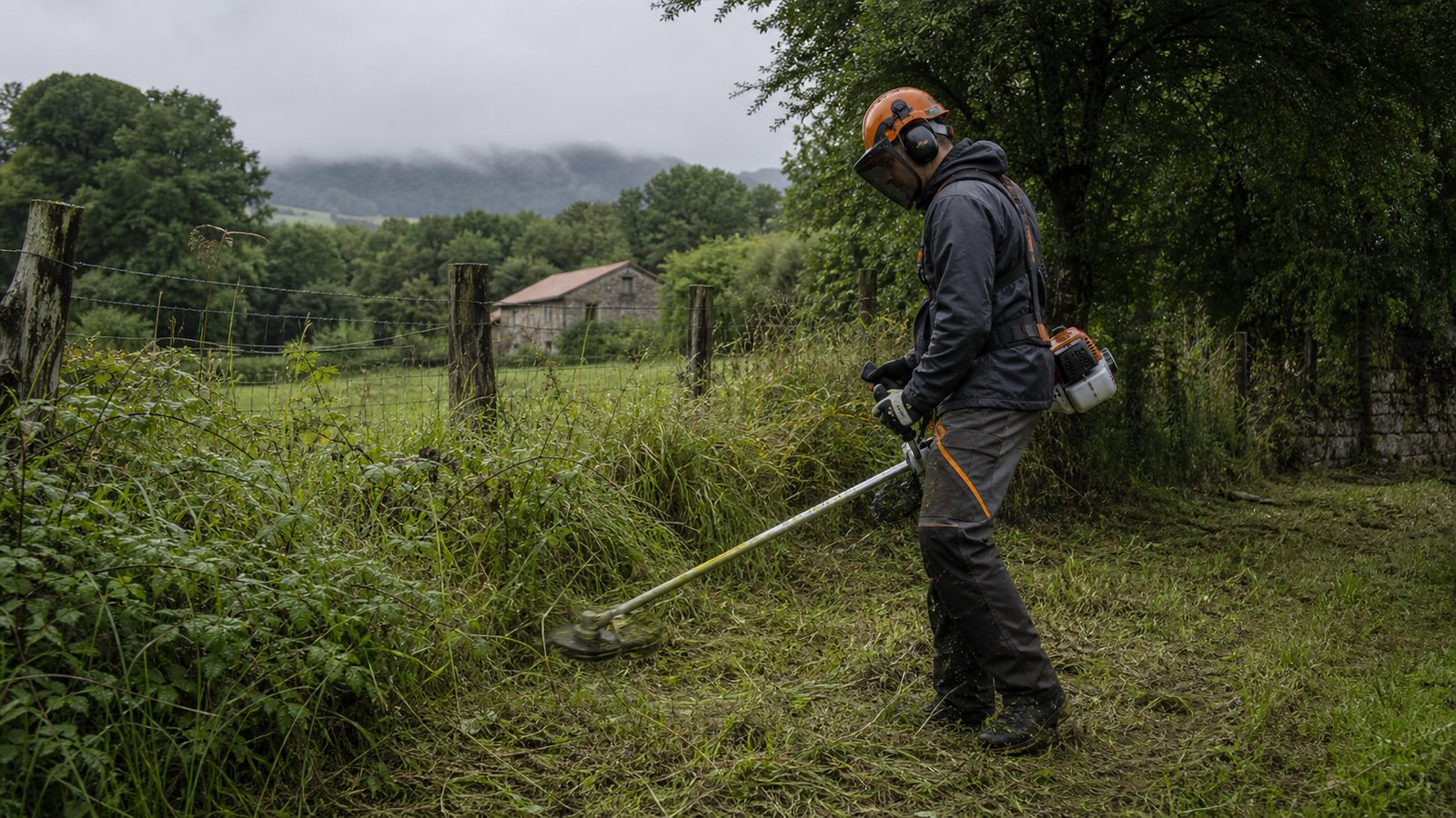 Usuario con desbrozadora trabajando hierba alta en finca humeda