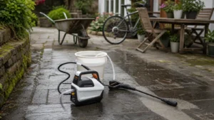 Hidrolimpiadora de batería limpiando una terraza de piedra junto a un jardín