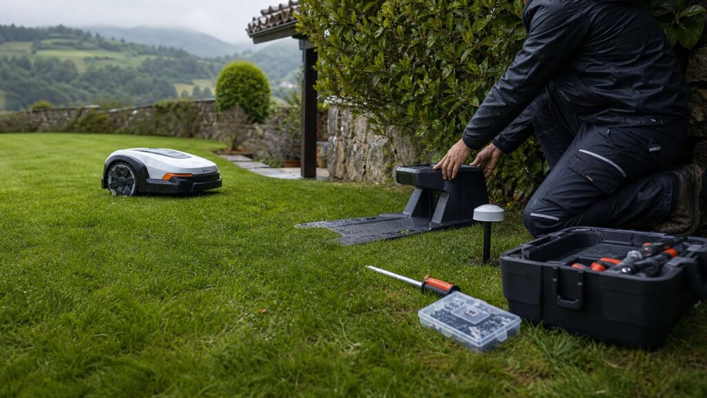 Tecnico instalando base de robot cortacesped en jardin de Cantabria