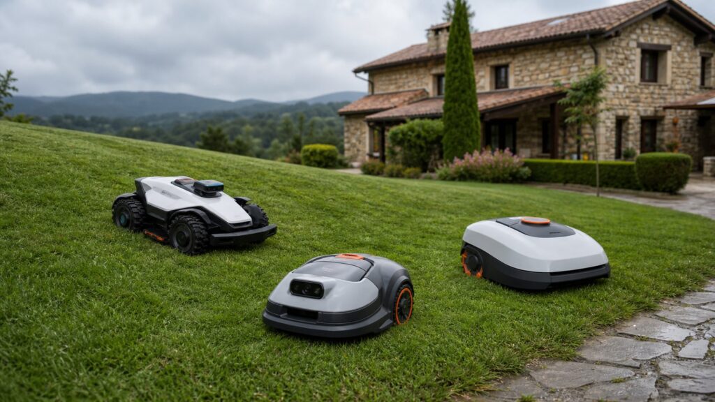 Tres robots cortacesped sin cable trabajando en un jardin del norte