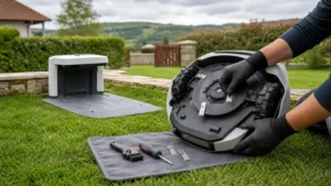 Revisión técnica de un robot cortacésped en un jardín de Cantabria