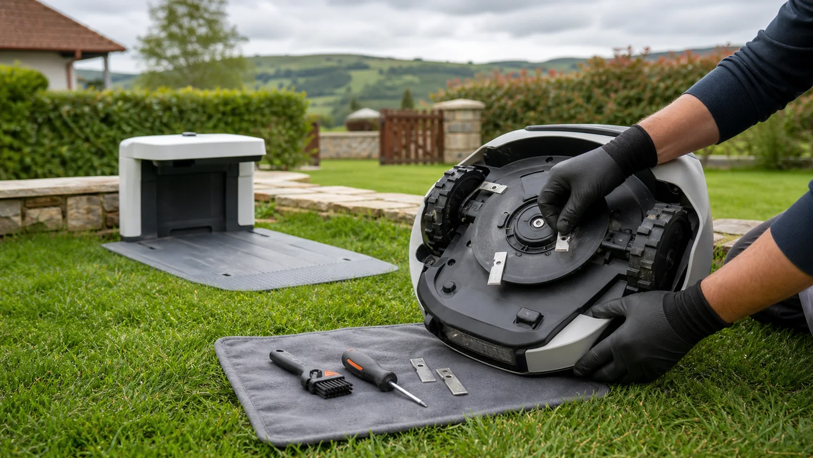 Revisión técnica de un robot cortacésped en un jardín de Cantabria
