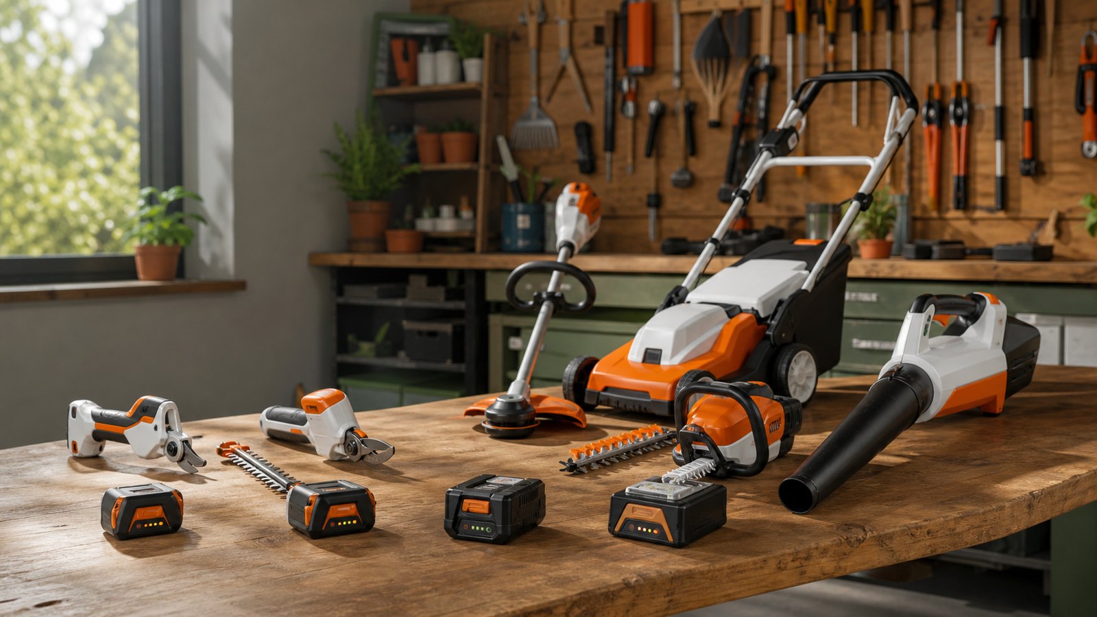 Herramientas de bateria tipo STIHL AS AK y AP sobre banco de trabajo