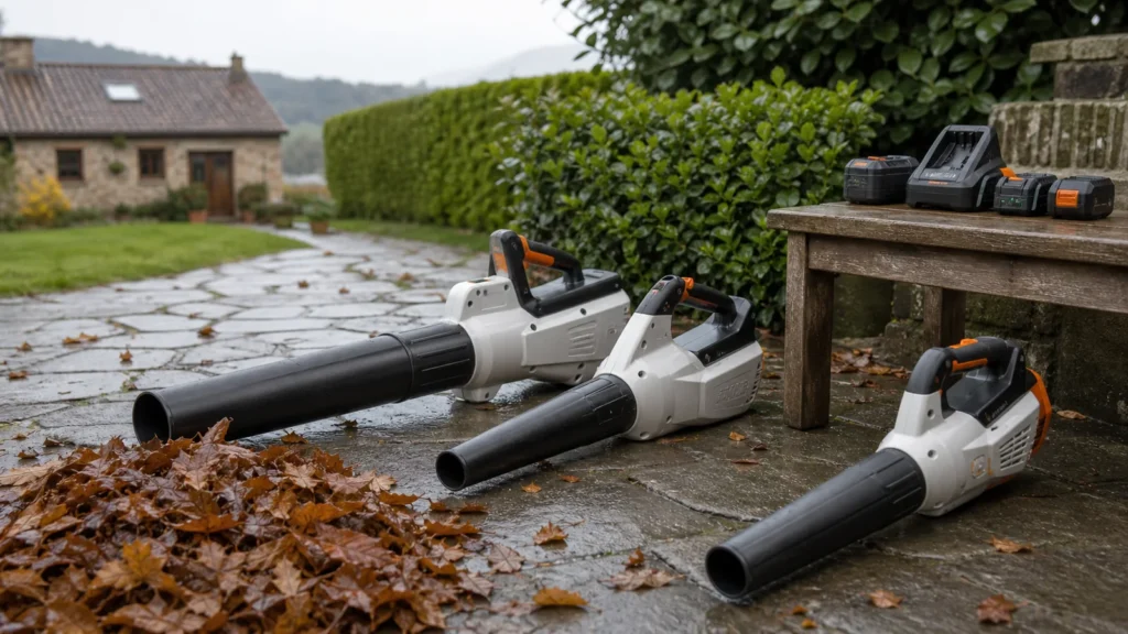 Sopladores de batería para limpiar hojas en un jardín húmedo