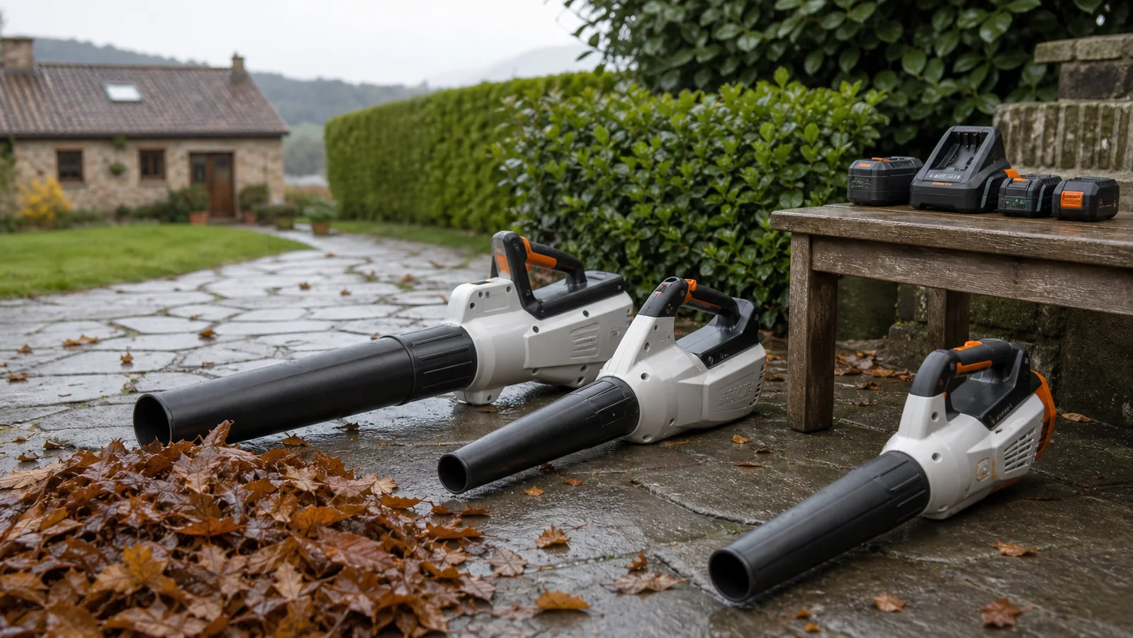 Sopladores de batería para limpiar hojas en un jardín húmedo