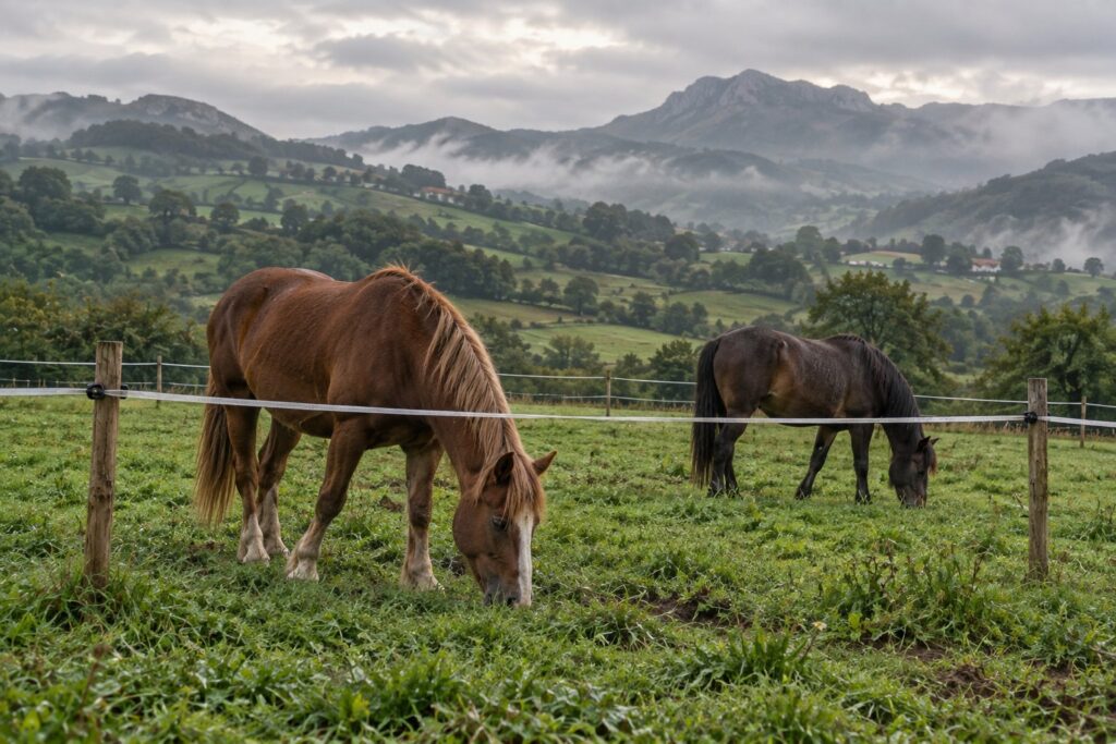 Dos caballos pastando en un prado de Cantabria cercado con cinta eléctrica sobre postes de madera