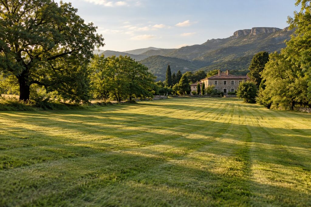 Pradera amplia de una finca con el césped recién segado en franjas, bordeada de robles