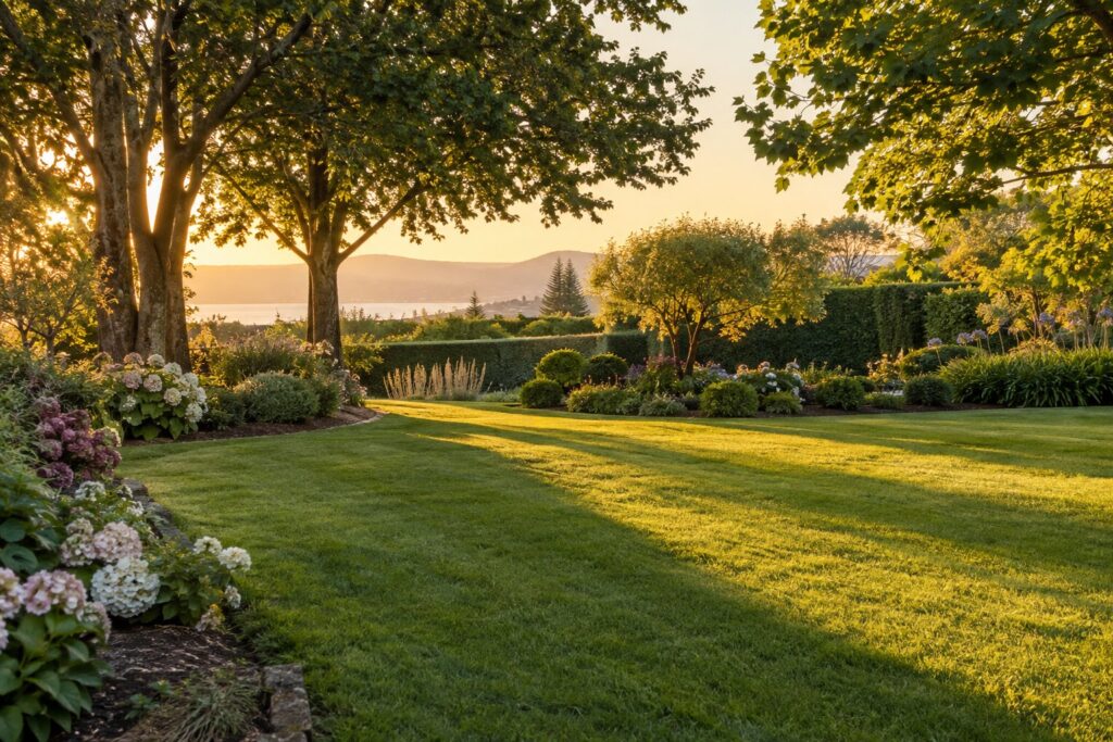Jardín con césped cortado que pasa del sol a la sombra de árboles grandes, con zonas estrechas entre parterres