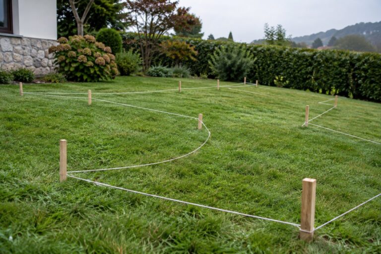 Jardín con estacas de madera y cordel marcando las zonas de césped antes de una instalación