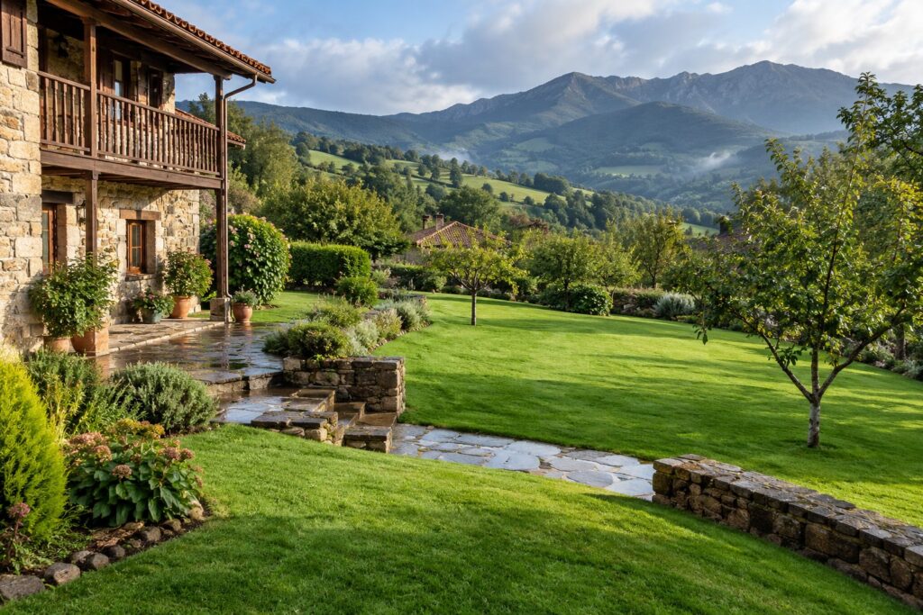Jardín en pendiente con el césped cortado junto a una casa montañesa de piedra en Cantabria