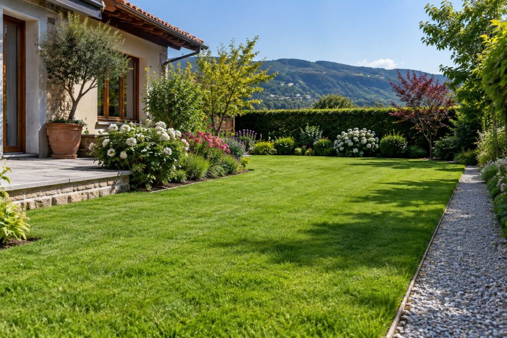 Jardín residencial con el césped recién cortado, bordes rectos, parterre de flores y camino de grava
