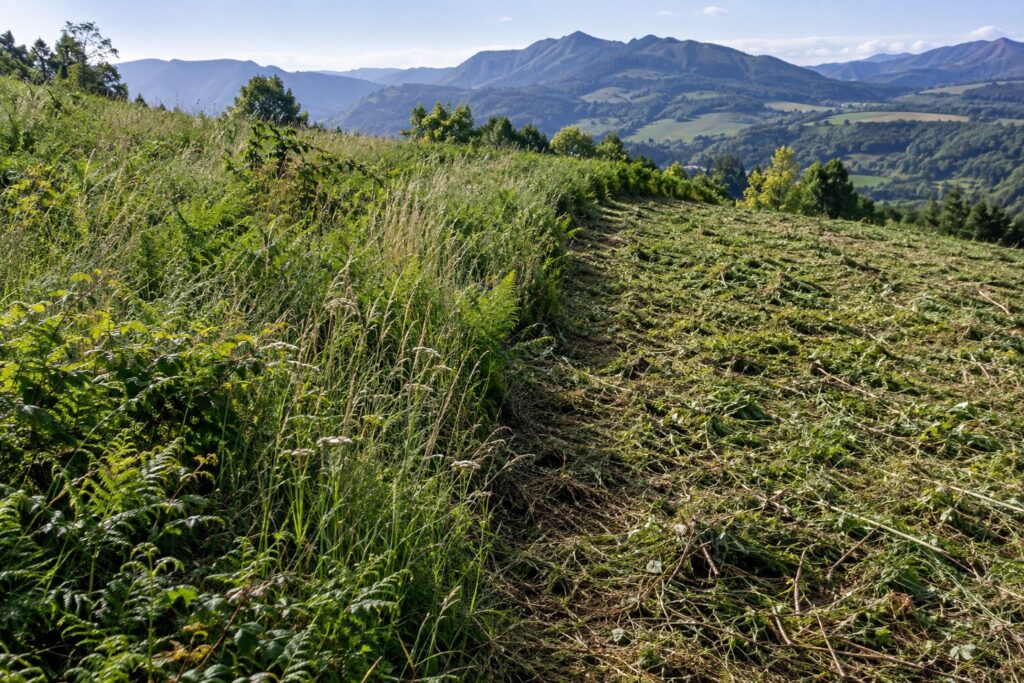 Ladera a medio desbrozar: hierba alta y zarzas a un lado, franja ya cortada al otro