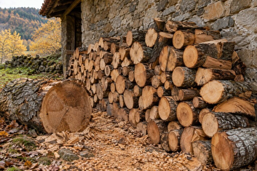 Leña de roble y haya cortada en rodajas y apilada contra la pared de piedra de un pajar
