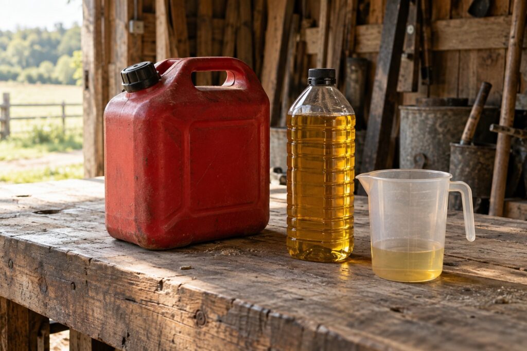 Bidón de combustible rojo y botella de aceite de dos tiempos sobre un banco de madera en un cobertizo
