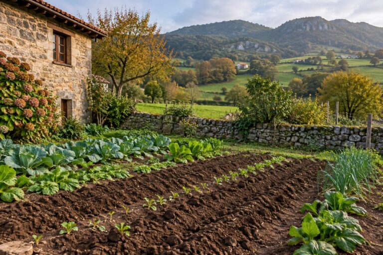 Huerta con la tierra recién labrada en surcos junto a una casa de piedra de Cantabria en otoño