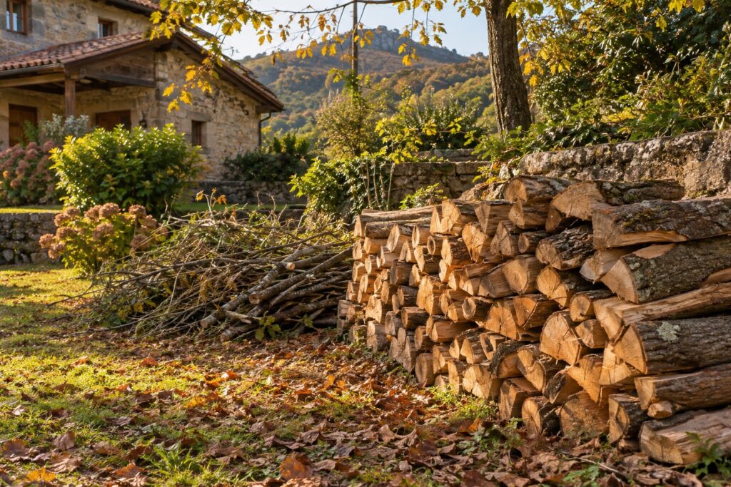 Leña recién cortada y ramas de poda apiladas en el jardín de una casa rural en otoño