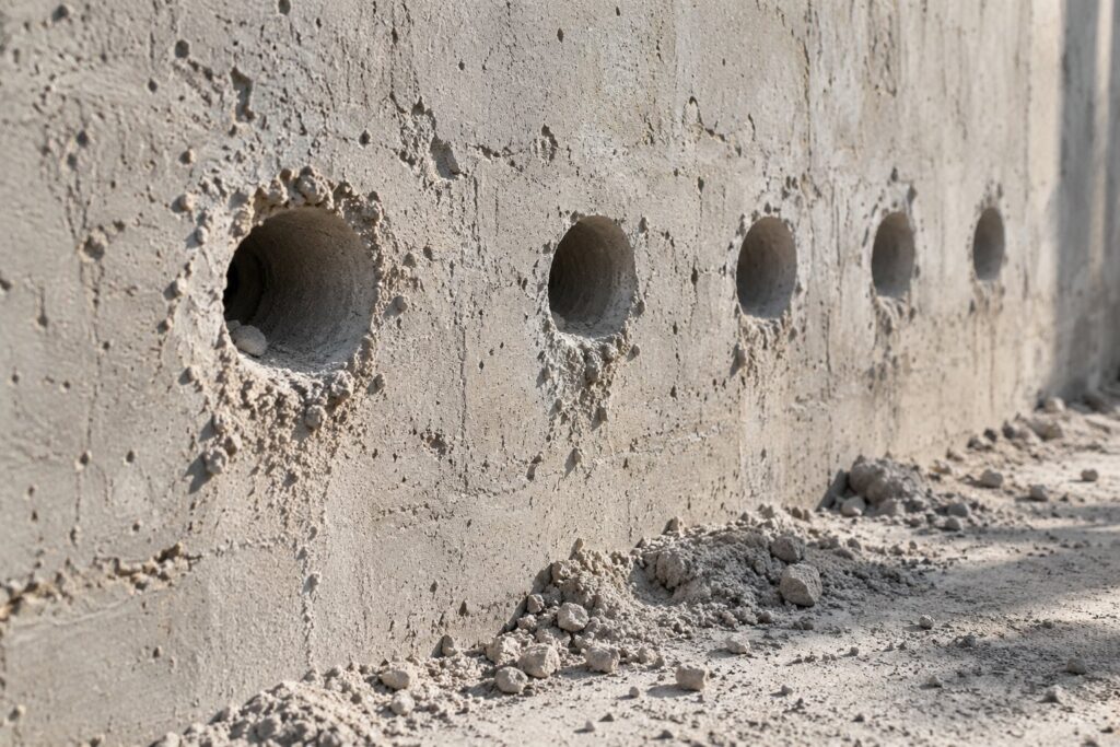 Muro de hormigón con una fila de agujeros recién taladrados y polvo en los bordes