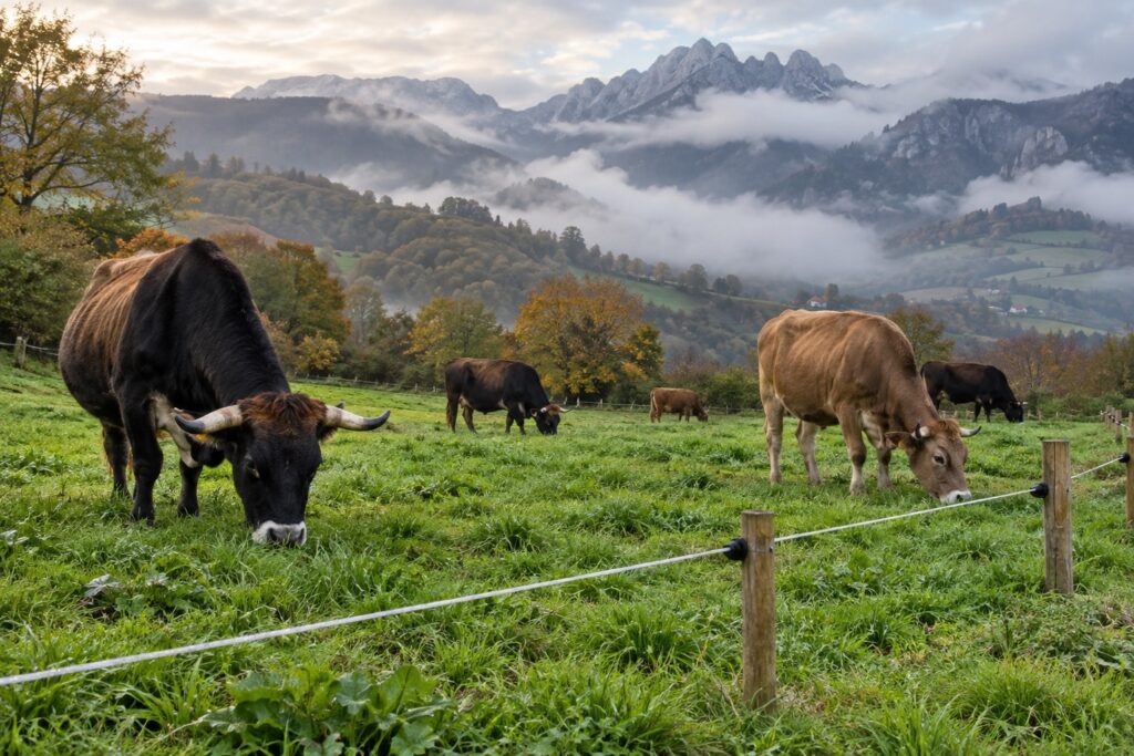 Vacas pastando en un prado verde de Cantabria cercado con un hilo de pastor eléctrico sobre postes
