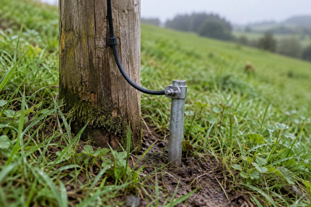 Pica de toma de tierra galvanizada clavada junto al poste de un cercado, con su cable de conexión
