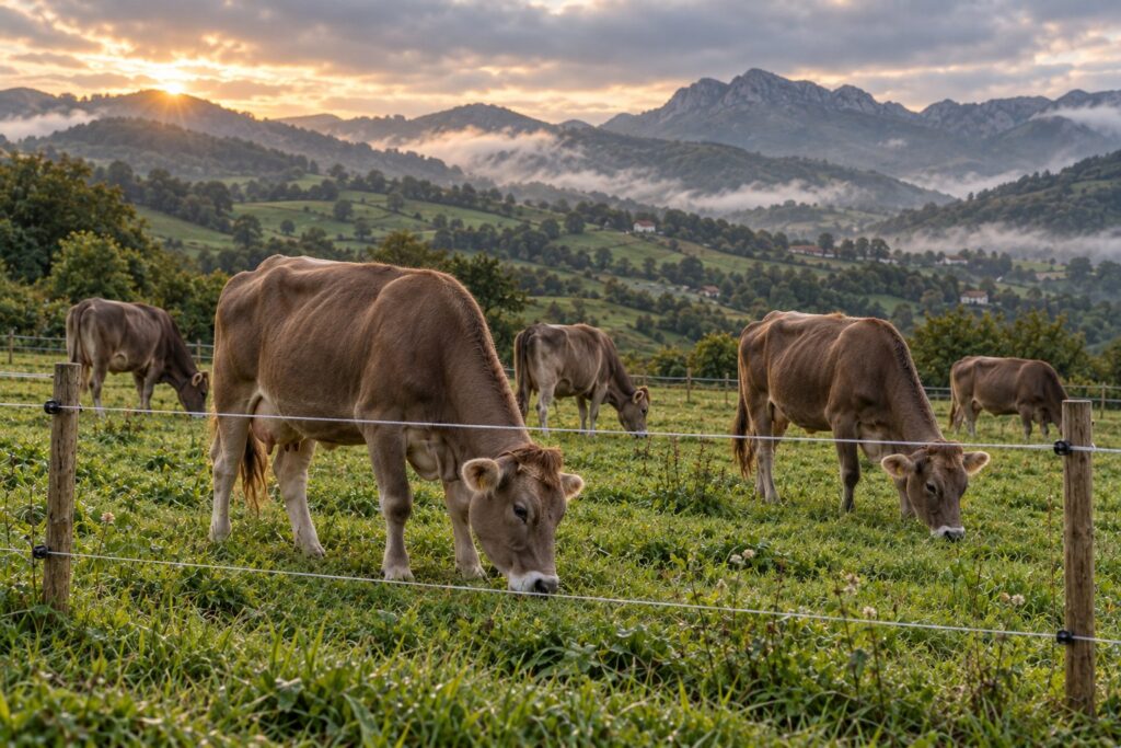 Vacas pardas pastando en un prado de Cantabria cercado con dos hilos eléctricos sobre postes de madera