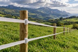 Postes de madera con aisladores y cinta de pastor eléctrico recién instalada en un prado de Cantabria