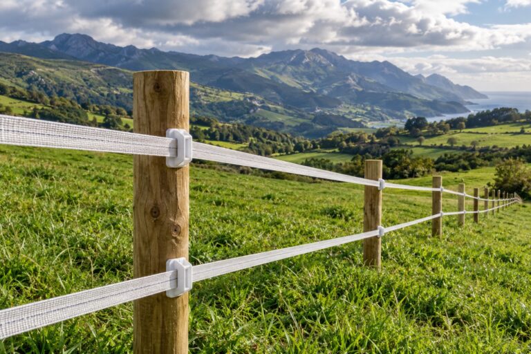 Postes de madera con aisladores y cinta de pastor eléctrico recién instalada en un prado de Cantabria