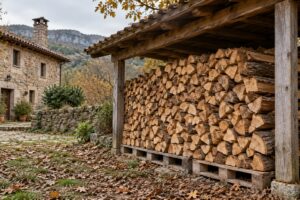 Leña de roble partida y apilada bajo un tejadillo de madera en una casa rural de Cantabria