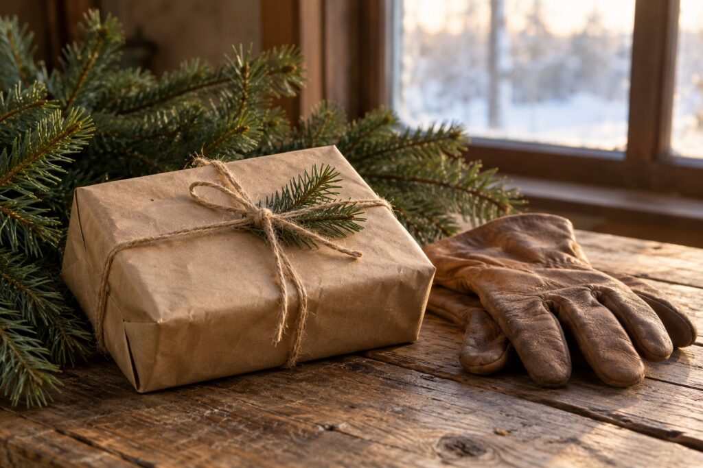Regalo envuelto en papel kraft con cuerda junto a guantes de jardinería y ramas de abeto sobre una mesa de madera