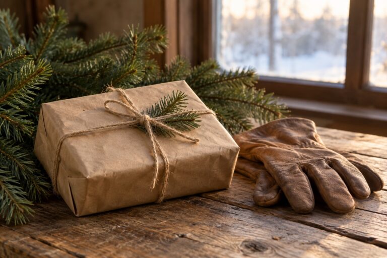 Regalo envuelto en papel kraft con cuerda junto a guantes de jardinería y ramas de abeto sobre una mesa de madera